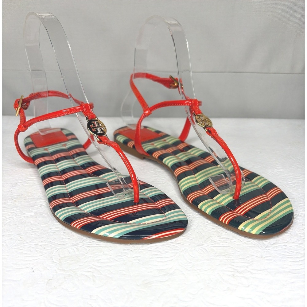 Tory Burch Emmy Habanero Pepper Striped Patent Leather Flat Thong Sandals Size 8